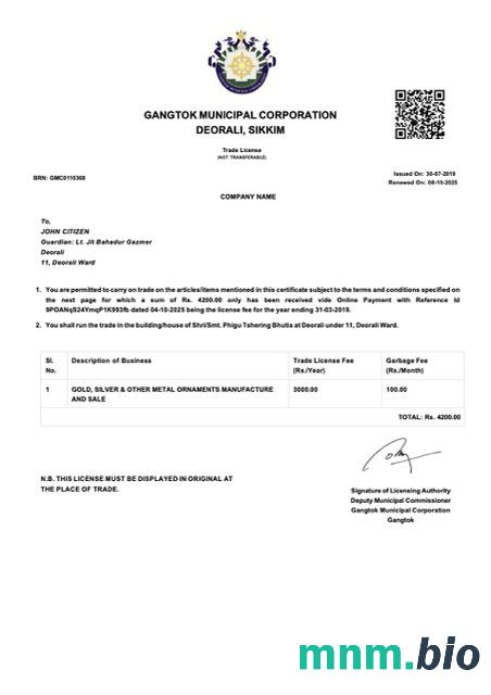 Indie Gangtok trade license Word i szablon PDF